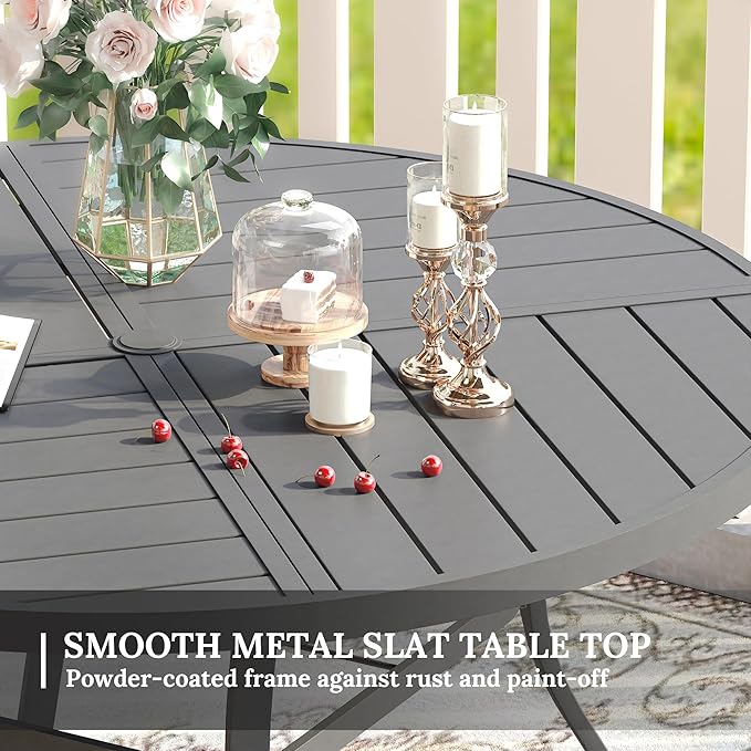 VICLLAX Round Patio Table with Adjustable Umbrella Hole for 8, All Weather Metal Outdoor Dining Table for Lawn Garden, 53.1" Outdoor Coffee Table, Grey Tabletop