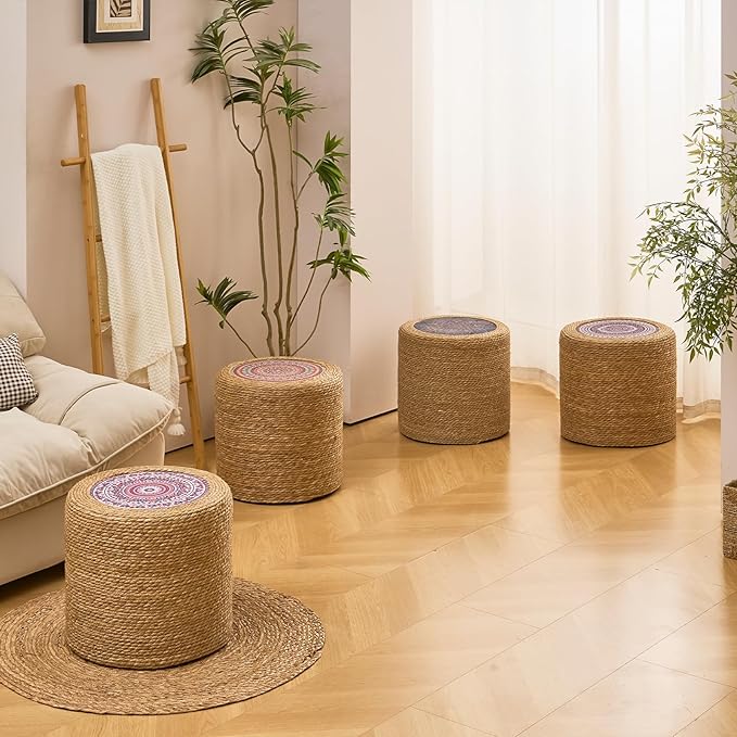 Wimarsbon Round Pouf Ottomans, Handwoven Natural Water Hyacinth Seagrass Pouffe,Outdoor Rattan Stool Accent Seat, Bohemian Coastal Home Decor (18inch Natural Cattail-Boho 1)