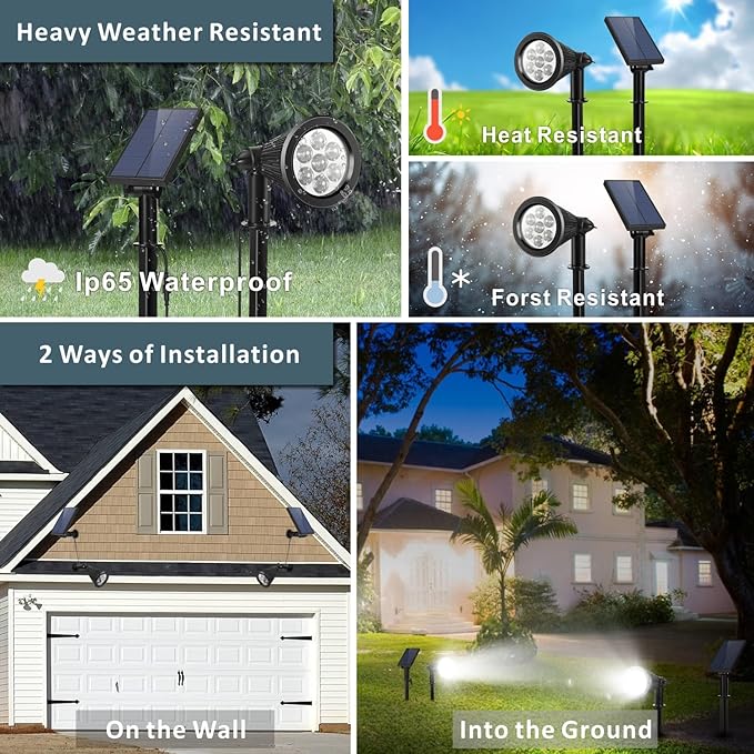 Solar Spotlight Outdoor, Spot Light with Separate Solar Panel ＆ 24.6ft Long Waterproof Cable, Bright 7-LED Ground Flag Pole Light, Dusk-to-Dawn Landscape Lighting for Flag, House, Tree, Garden (White)