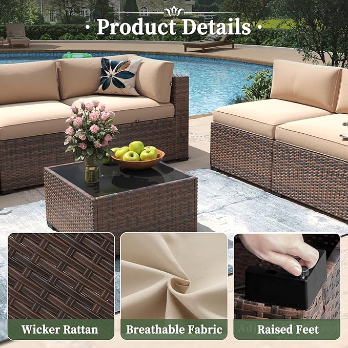 Aoxun 15 Piece Patio Furniture Set with 44” Fire Pit Table Wicker Rattan Outdoor Sectional Sofa Set with Coffee Table and Thickened Cushions, Beige (Waterproof Cover Included)