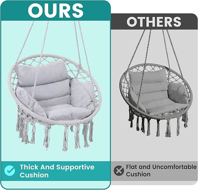 Macrame Hammock Hanging Swinging Chair with Medium Cushion, Perfect for Bedroom, Porch, Adults, Balcony, Grey