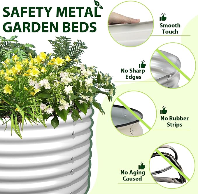 A ANLEOLIFE 4-Set 8X4X2 ft Galvanized Raised Garden Bed Kit, Oval Metal Deep Root Planters for Outdoor Plants, Antique White