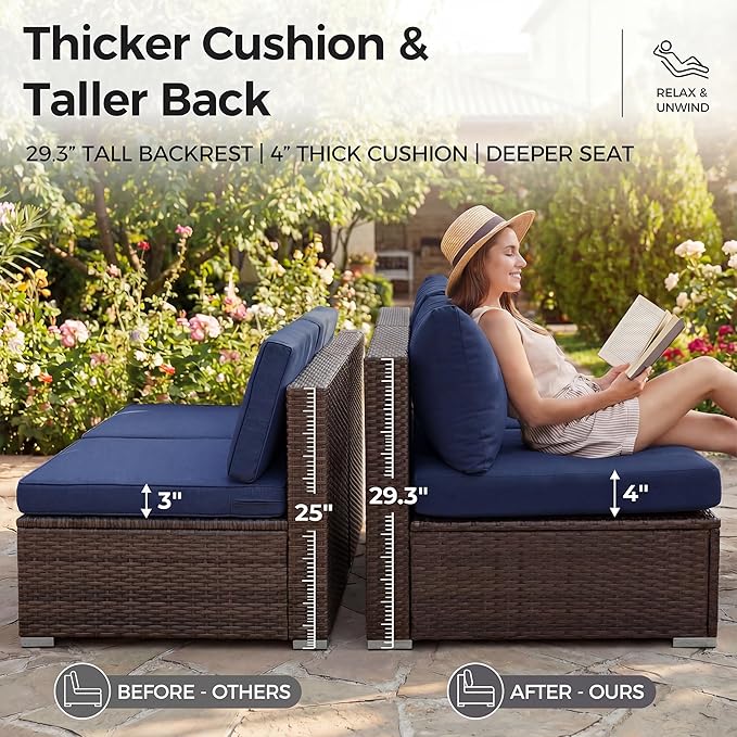 NICESOUL 10 Piece Outdoor Couch Set with Fire Pit Natural Gas/Propane, 29.3'' High Backrest Comfy Sectional Patio Furniture, Large Wide Seating Sofa for Outside, Brown Rattan and Navy Blue Cushion