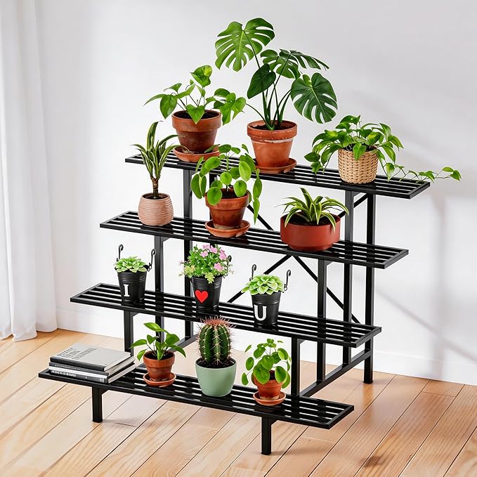 Zhongma 4 Tier Sturdy Metal Plant Stand with Wheels, L45.67 x W34.65 x H35.83 inch, Heavy Duty Plant Holder for Home Indoor and Outdoor, 880 LBS Capacity & Heavy Duty Construction