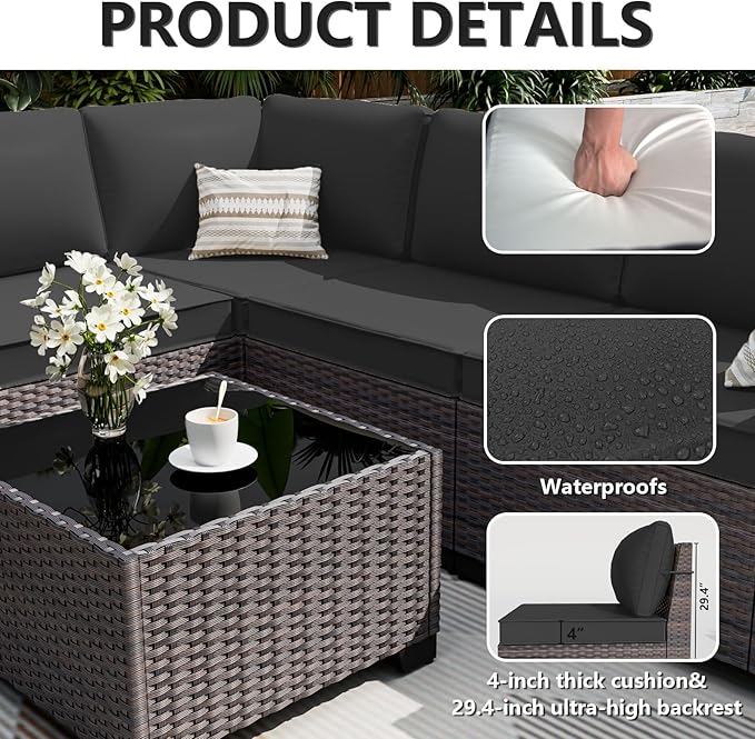 ALAULM 6 Pieces Patio Furniture Set, Oversized Seat/Armrest and High Back Wicker Sectional Furniture Set with Thick Cushion for Backyard, Garden, Black
