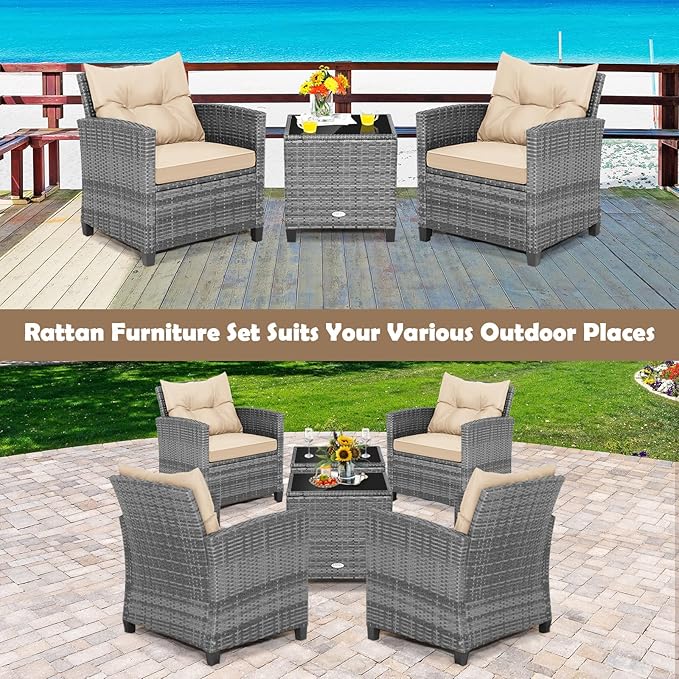 Tangkula 3 Pieces Wicker Patio Furniture Set, Outdoor Rattan Conversation Cushioned Chair Set with Tempered Glass Side Table, for Porch, Balcony and Garden