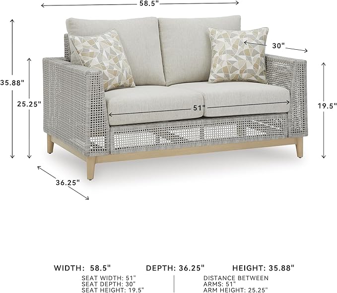 Signature Design by Ashley Seton Creek Cottage Nuvella Weather Resistant Fabric Outdoor Loveseat with Cushion and 2 Throw Pillows, Light Brown & Light Gray