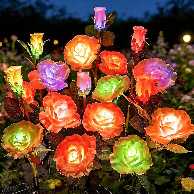 Brightown Outdoor Solar Flower Lights, 4 Pack 7-Color Changing Solar Garden Lights with Larger & More Realistic Rose, Bigger Solar Panel, Waterproof Solar Lights for Yard Garden Lawn Pathway Decor