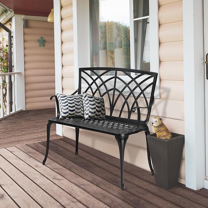 VINGLI 38" Outdoor Metal Bench, Cast Aluminium Garden Bench, Weatherproof Antique Finish Orchid Chair, 1-2 Person Seat Deck Furniture for Porch Entryway Patio (Black)