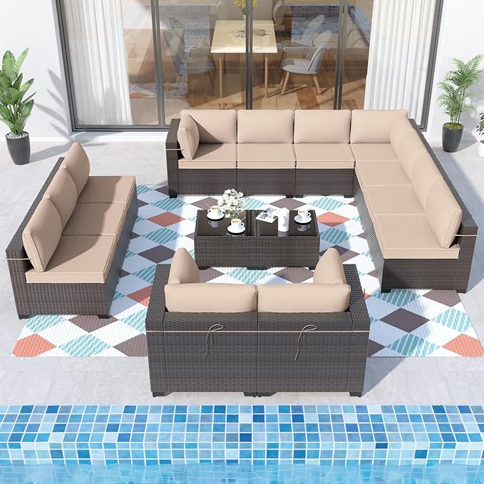 ALAULM Patio Furniture Set with Coffee Table, 14 Pieces Outdoor Sectional with Wide Seat and Thick Cushion, All Weather Wicker Rattan Conversation Set for Backyard, Garden, Deck, Sand