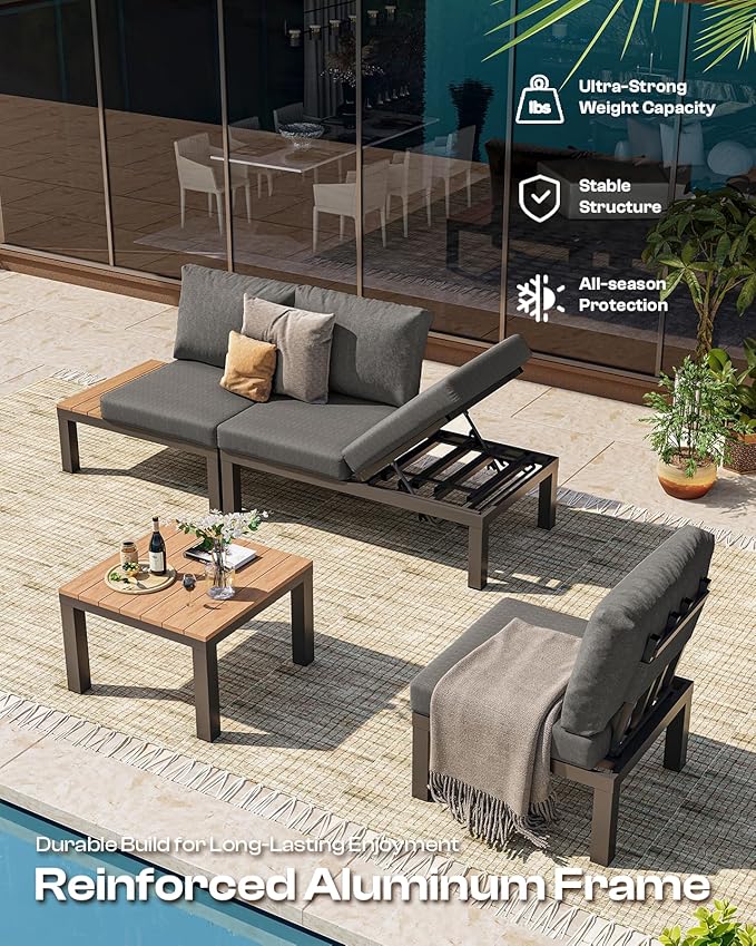 Aluminum Modular Outdoor Patio Furniture Set, 6 Seats Sectional Sofa Set with Adjustable Backrest & Thick Cushions, All-Weather L-Shaped Corner Set with Table for Garden & Yard, Graphite