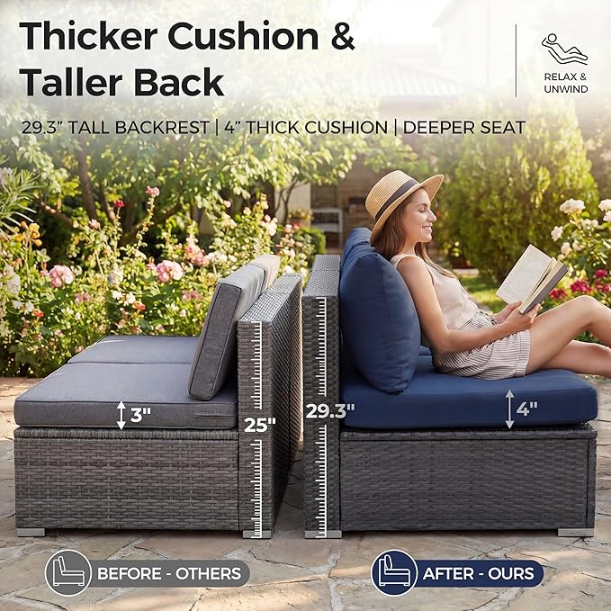 NICESOUL 13 Pcs Outdoor Furniture with Fire Pit, 29.3'' High Back Large Patio Couch Set with Fire Pit Table & Chaise Lounge, Extra Wide Deep Seat Sectional Sofa and Lounger for Deck, Grey & Navy Blue