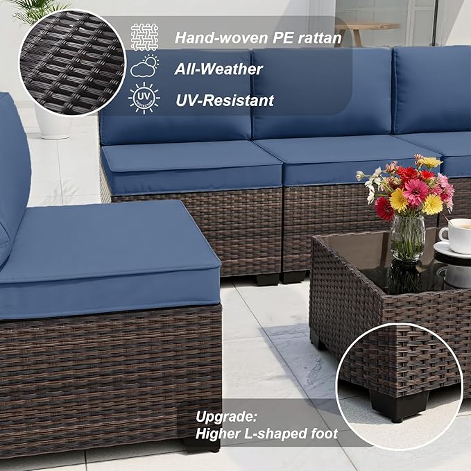 ALAULM Patio Furniture Set with Coffee Table, 9 Pieces Outdoor Sectional with Wide Seat and Thick Cushion, All Weather Wicker Rattan Conversation Set for Backyard, Garden, Deck, NavyBlue