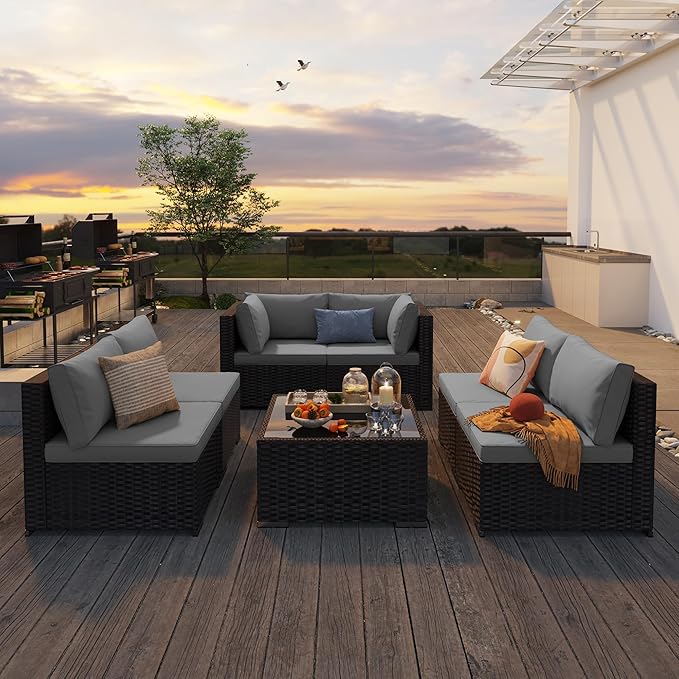 7 Pieces Outdoor Patio Furniture Set, PE Rattan Outdoor Wicker Sectional Furniture Sofa Set, with Cushions and Glass Coffee Table, for Balcony, Porch, Garden, Grey