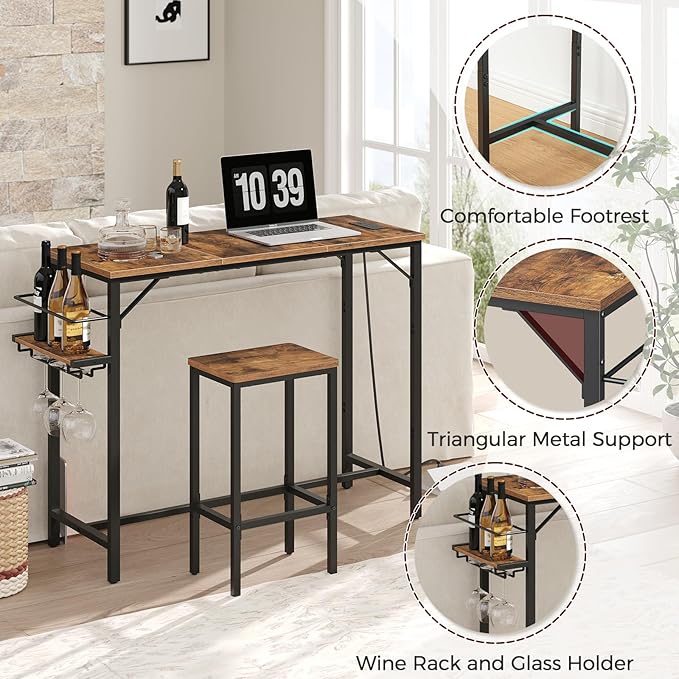 Bar Table, 35.4-Inch Counter Height Pub Table with Charging Station, Rectangular Dining Table with Wine Rack and Glass Holder, High Top Cocktail Tables, for Kitchen (Only Table)