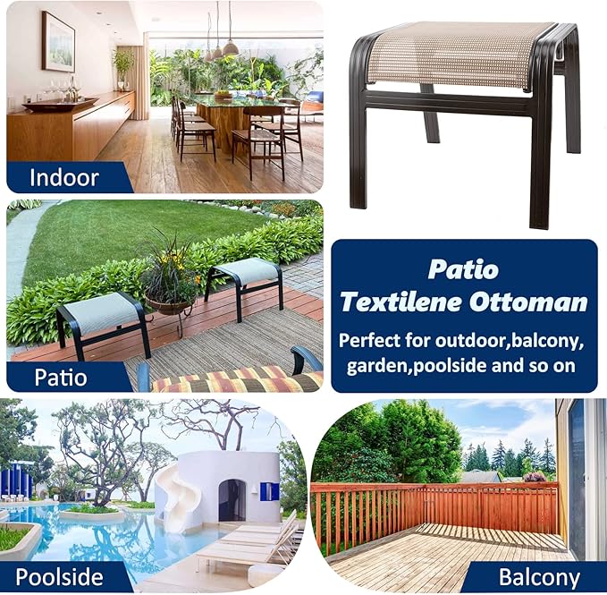 Outdoor Patio Ottoman Seat Textilene Portable Metal Footstool Portable Footrest Patio Chairs 2 Set Beige