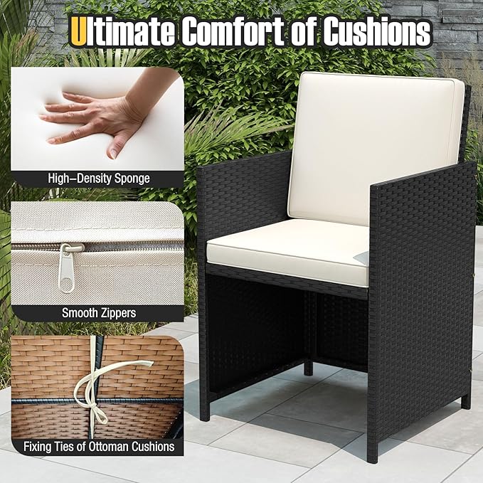 Tangkula 9 Piece Patio Dining Set, Rattan Chairs with Tempered Glass Table & Ottoman, Space Saving Wicker Sectional Conversation Set with Removable Cushions, Outdoor Furniture for Backyard Garden Deck
