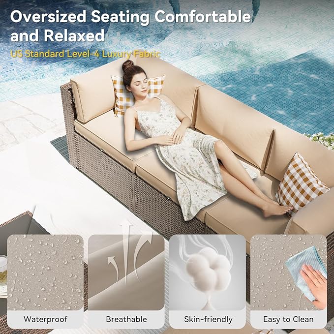Aoxun Patio Furniture Set, 7 Piece Outdoor Sectional Sofas with Waterproof Cover, Wicker Rattan Outdoor Furniture Patio Conversation Set for Backyard, Garden (Brown Rattan Begin Cushions)