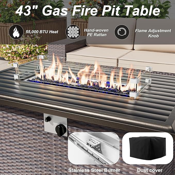 ALAULM Patio Furniture Set with Fire Pit Table 55000 BTU, Outdoor Sectional with Wide Seat and Thick Cushion, 8 Piece Wicker Rattan Conversation Set with Coffee Table for Garden, Deck, Sand