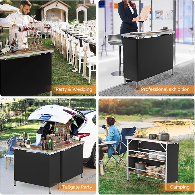 VINGLI 43" Portable Bar Table with Pole, 3-Tier Shelves, Mobile Bar Table for Events, Party, Camping, Picnic, Tradeshow, Indoor with Black Skirt