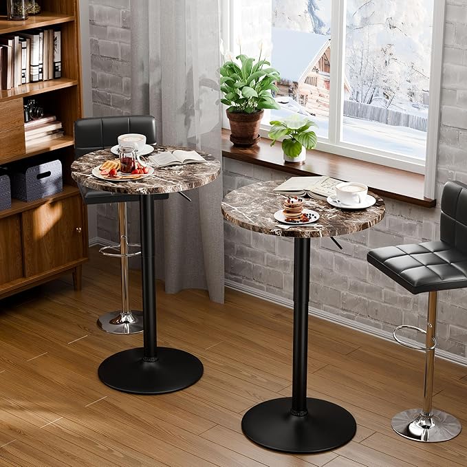 Flamaker Round Bistro Pub Table 23.6 Inch Height Adjustable 360° Swivel Bar Table Metal Base for Pub, Dining Room, Party (4, Marble-Black)