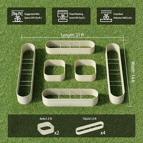 6-Pack 18” Tall Galvanized Raised Garden Beds – New Home Garden Layout, Fits 300 Sq Ft Backyard, 10x2x1.5 & 4x4x1.5 ft Metal Planter Raised Beds Set for Vegetable, Herb & Flower - Moss Green