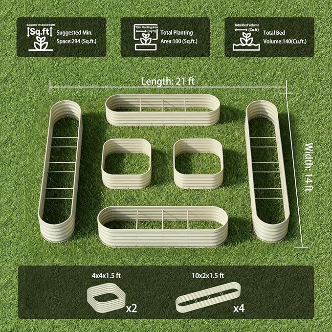 6-Pack 18” Tall Galvanized Raised Garden Beds – New Home Garden Layout, Fits 300 Sq Ft Backyard, 10x2x1.5 & 4x4x1.5 ft Metal Planter Raised Beds Set for Vegetable, Herb & Flower - Sand Beige