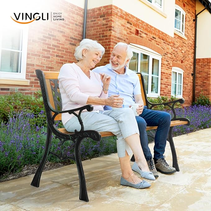 VINGLI Outdoor Bench Metal Garden Bench, Wood Patio Benches w/PVC Backrest Cast Iron Love Seat Park Benches for Porch Yard (Diamond)