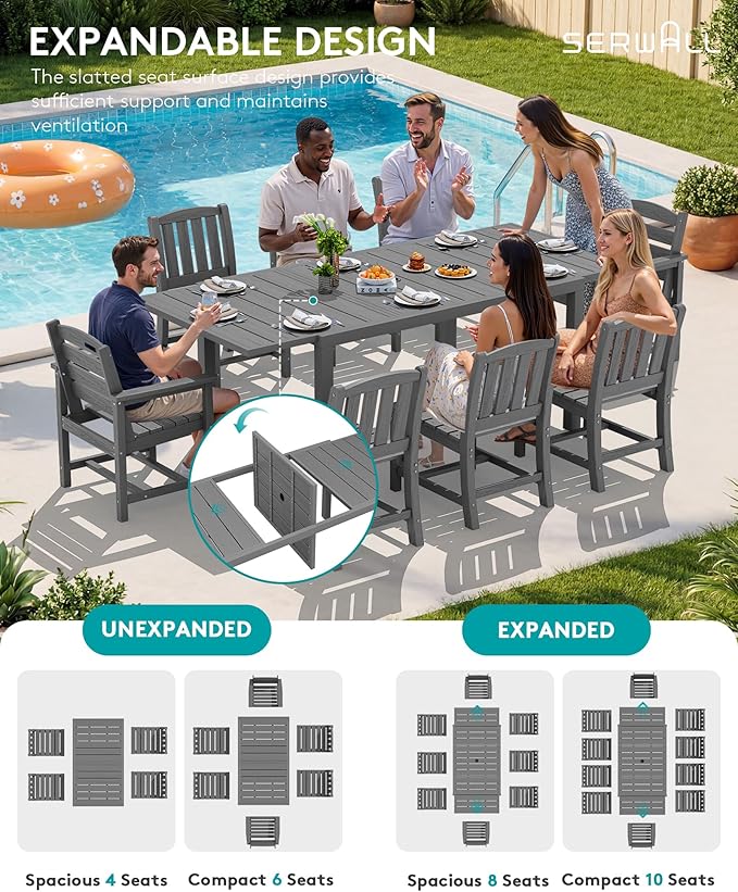 SERWALL 7-Piece Outdoor Dining Set, 60" - 83" Expandable Outdoor Dining Table and 6 HDPE Chairs, All Weather HDPE Outdoor Furniture Set for Backyard, Garden, Grey