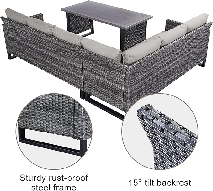 Belord Outdoor Sectional Sofa 6 Seater L Shaped Couch Wicker Patio Conversation Furniture Set with Tree-Grain Finish Metal Dining Table, Rattan Outdoor Furniture with Removable Washable Cushion Beige
