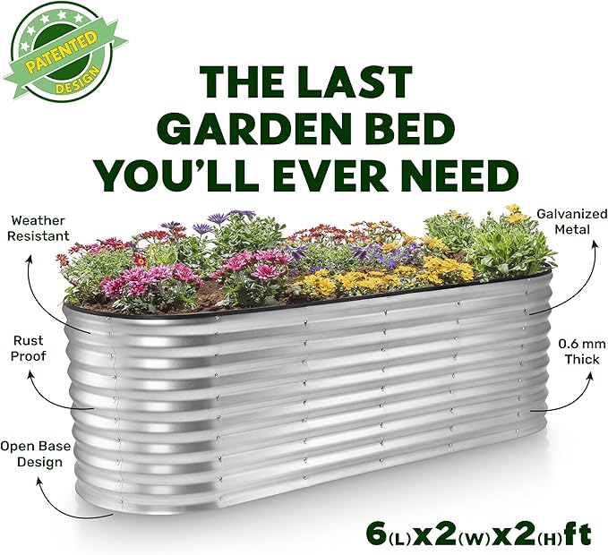 Plant & Plot Galvanized Raised Garden Beds Outdoor // 6×2×2 ft Planter Raised Beds for Gardening, Vegetables, Flowers // Large Metal Garden Box (Silver) // Patented Tool-Free Design