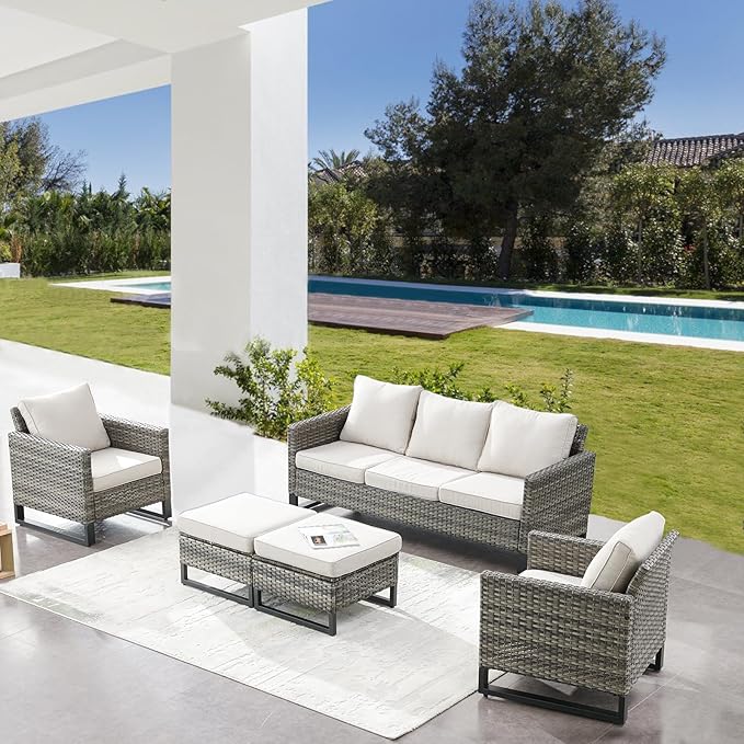 Belord Wicker Patio Furniture 5 Piece Outdoor Sofa Set, Oversize Outdoor Dining Chairs with Rattan Ottomans, Conversation Sets Patio Furniture Come with Removable Washable