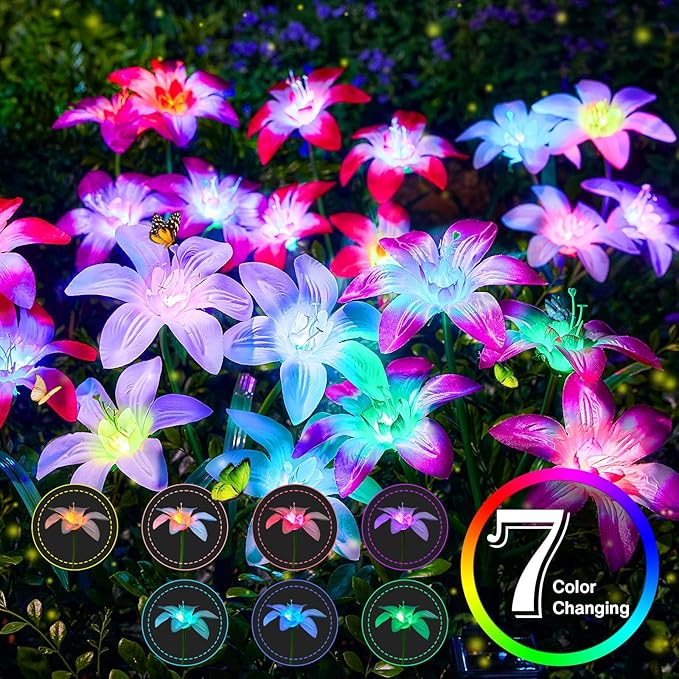 Solar Garden Lights Outdoor, 6 Pack Blooming Lily Solar Flowers Outdoor Waterproof, 7 Color Changing Bigger Flower Lights for Yard Patio Outside Decorative Mom Gift