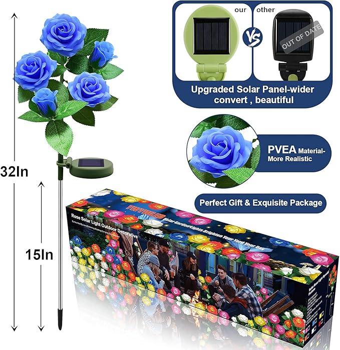 Solar Flower Lights Outdoor - Upgraded New Material Two Modes Realistic LED Solar Powered Waterproof Lights with 5 Roses, Solar Decorative Stake Lights for Garden (Blue, 4 Pack)