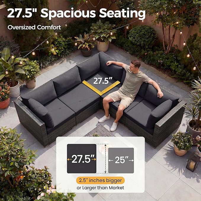 NICESOUL 7 Piece Modern Outdoor Conversation Sets, 29.3'' High Back Comfy Wicker Patio Modular Sectional with Side Tables, Extra Large and Deep Size L-Shaped Couch Furniture for Backyard Porch, Grey