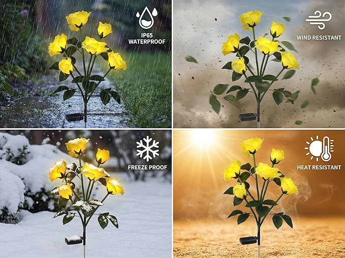 Solar Rose Lights Outdoor,2 Pack Waterproof Color Changing LED Flower Lights, with 12 LED Flowers, Solar Powered Garden Stakes for Yard, Patio, Artificial Floral Decorative Lighting, Yellow