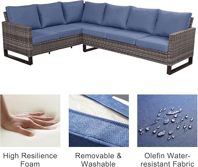Belord Outdoor Sectional Sofa 6 Seater L Shaped Couch Wicker Patio Conversation Furniture Set Rattan Outdoor Furniture with Removable Washable Cushion Blue