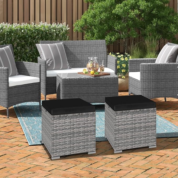 RELAX4LIFE Wicker Outdoor Storage Ottoman - 2-Piece Rattan Footstool w/Removable Cushion, Multipurpose Footrest Foot Stool Seating, Set of 2 Outdoor Ottomans for Patio Deck (Mix Grey-Black)