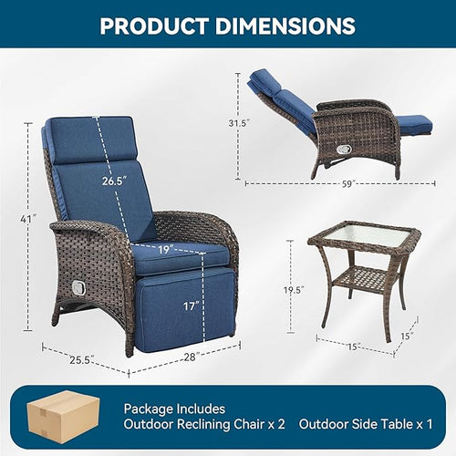 3 Pieces Zero Gravity Wicker Patio Recliner Chairs Set of 2 - Wicker Outdoor Lounge Chair with Side Table, Adjustable Backrest & Footrest, High Back Outdoor Recliner Chair for Pool Deck Blue