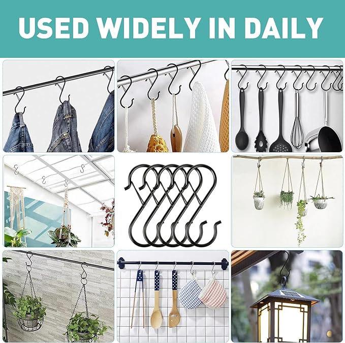 150 Pcs S Hooks for Hanging Heavy Duty, 3.5-inch Heavy Duty Metal S Hook with Safety Buckle, Suitable for 0.5 inch Rods, S Hook for Hanging Plants, Closet, Kitchen Utensil, Pot, Pan, Bags