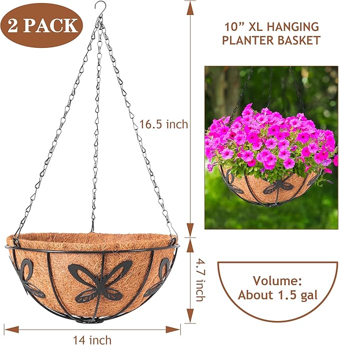 Hanging Baskets Planter for Plants, 2 Pack 14 Inch Round Metal Wire Hanging Flower Pots with Coco Coir Liner Chain, Plant Holder for Home Garden Balcony Decor