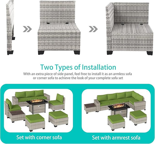 9-Piece Outdoor Patio Furniture Set with 55,000 BTU Fire Pit Table, PE Wicker Rattan Sectional Sofa Patio Conversation Set with Ottomans & Coffee Table, Avocado Green