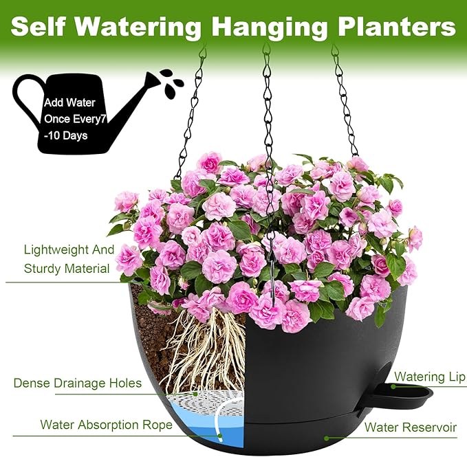 12 inch Hanging Planters for Indoor Plants, 2 Pack Self-Watering Hanging Planter Pots with Chain and Drainage Holes, Outdoor Plastic Hanging Baskets for Garden Home Decor (Black, 2pcs/12inch)