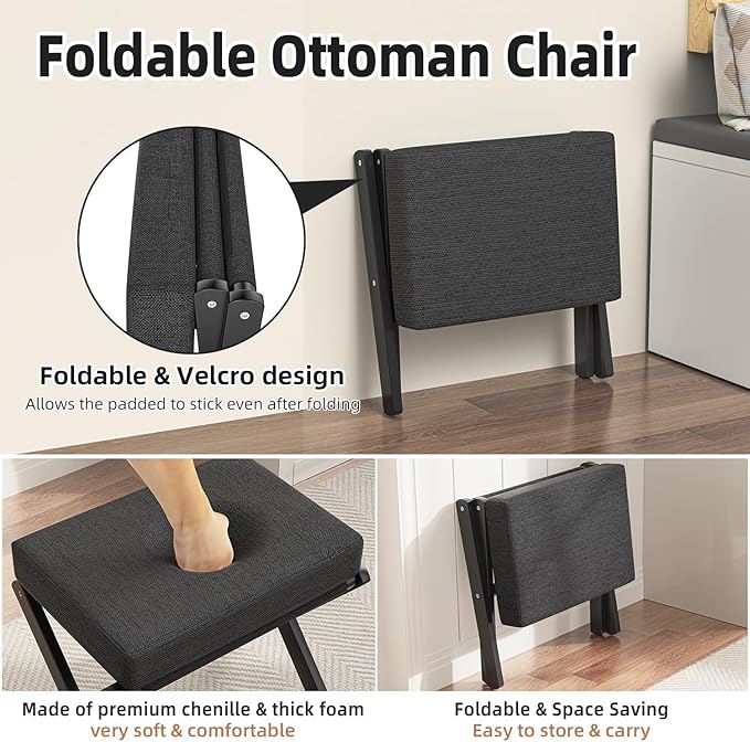 Foldable Foot Stool Ottoman, Small Padded Foot Rest with Bamboo X-Legs, Portable Folding Leg Rest for Living Room Bedroom Office, Soft Foam Cushion Step Stool for Couch & Armchair (Black)