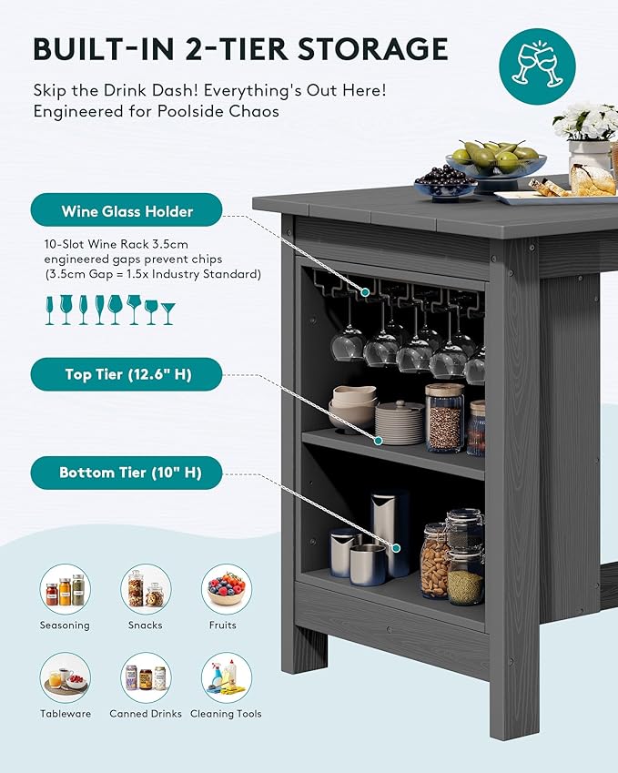 SERWALL Outdoor Bar Table and Chairs Set, 5-Piece HDPE Counter Height Patio Dining Sets with Storage and Wine Rack, Rectangular High Top Bar Table with 4 Bar Stools for Garden, Backyard, Gray