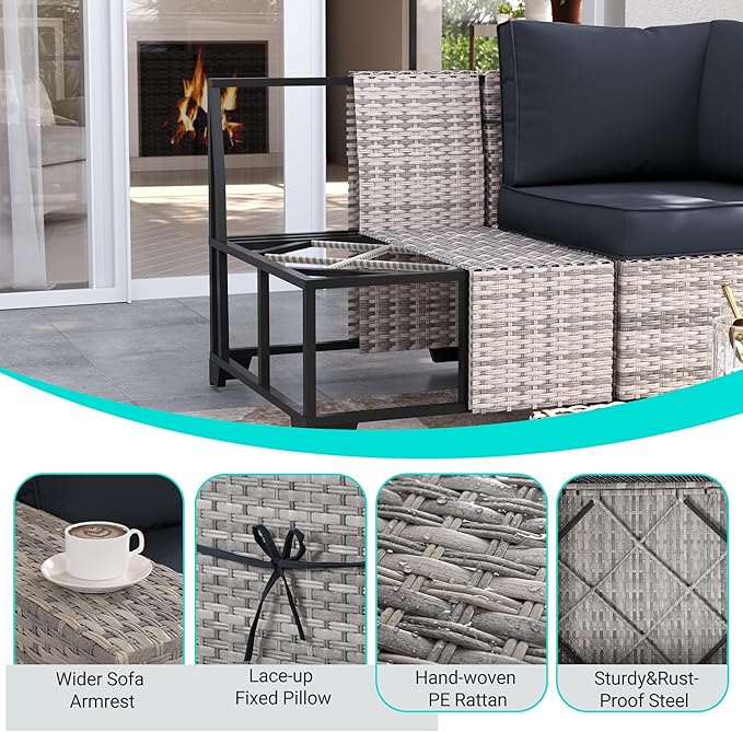 7 Pieces Outdoor Patio Furniture Set with 55,000 BTU Propane Fire Pit Table, PE Wicker Rattan Sectional Sofa Patio Conversation Set with Coffee Table, Dark Grey