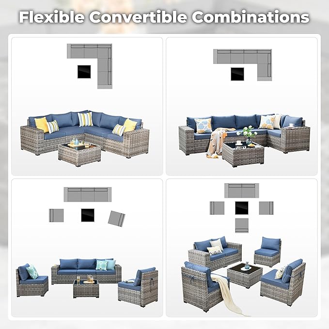 ovios 6 Pieces Patio Furniture Set, Outdoor Wicker Sectional Sofa with Glass Table Comfy Cushions, Modern Modular Deep Seat Couch Rattan Conversation Set, Denim Blue