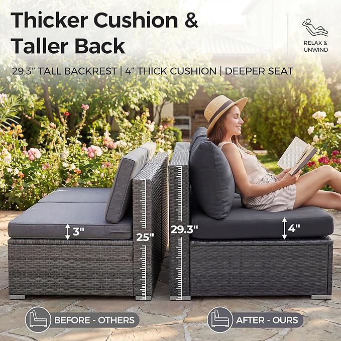 NICESOUL 6 Piece Outdoor Patio Furniture Set with Fireplace Table Natural Gas & Propane, 29.3'' High-Back L Shaped Sectional Sofa Set, Large Deep Seated Modern Conversation Couch for Tall People, Gray