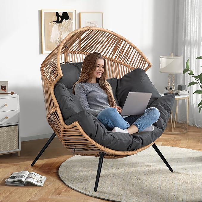 Shintenchi Wicker Egg Chair Rattan Patio Chair with Cushion,Oversized Patio Lounge Chairs with Cushion Egg Basket Chair, Egg Seat for Indoor Living Room Bedroom Outside,Grey