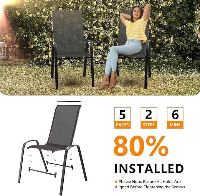 VINGLI 4 Pack Stackable Outdoor Bar Chairs – High Back Sling Chairs with Armrests, Ideal for Lawn, Courtyard, Bar, Black